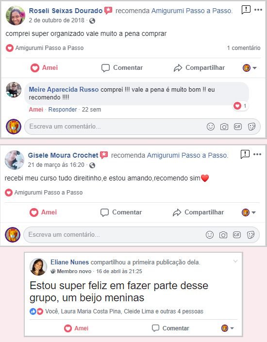 Depoimentos de clientes satisfeitos sobre curso de amigurumi, com comentários positivos e recomendações.